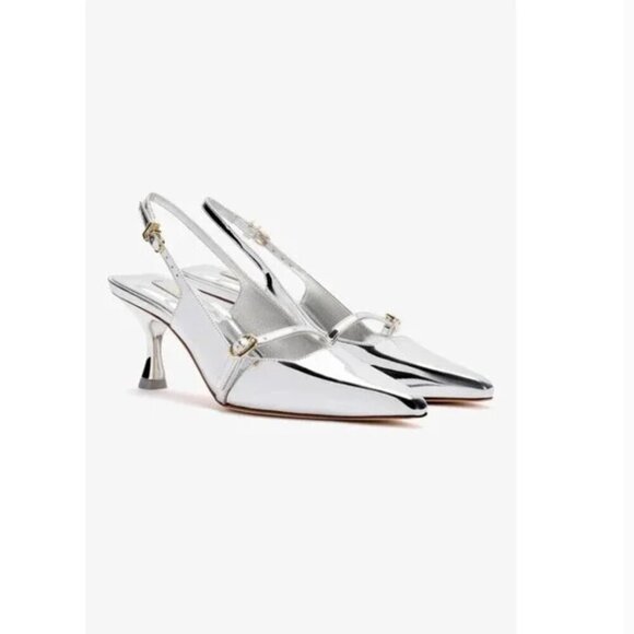 NEW Larroudé Ines Metallic Silver Specchio Slingback Pump Pointed Heels Size 7.5 - Picture 2 of 12